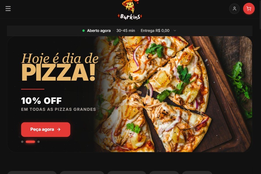 Interface do sistema de delivery Burkins Pizzas
